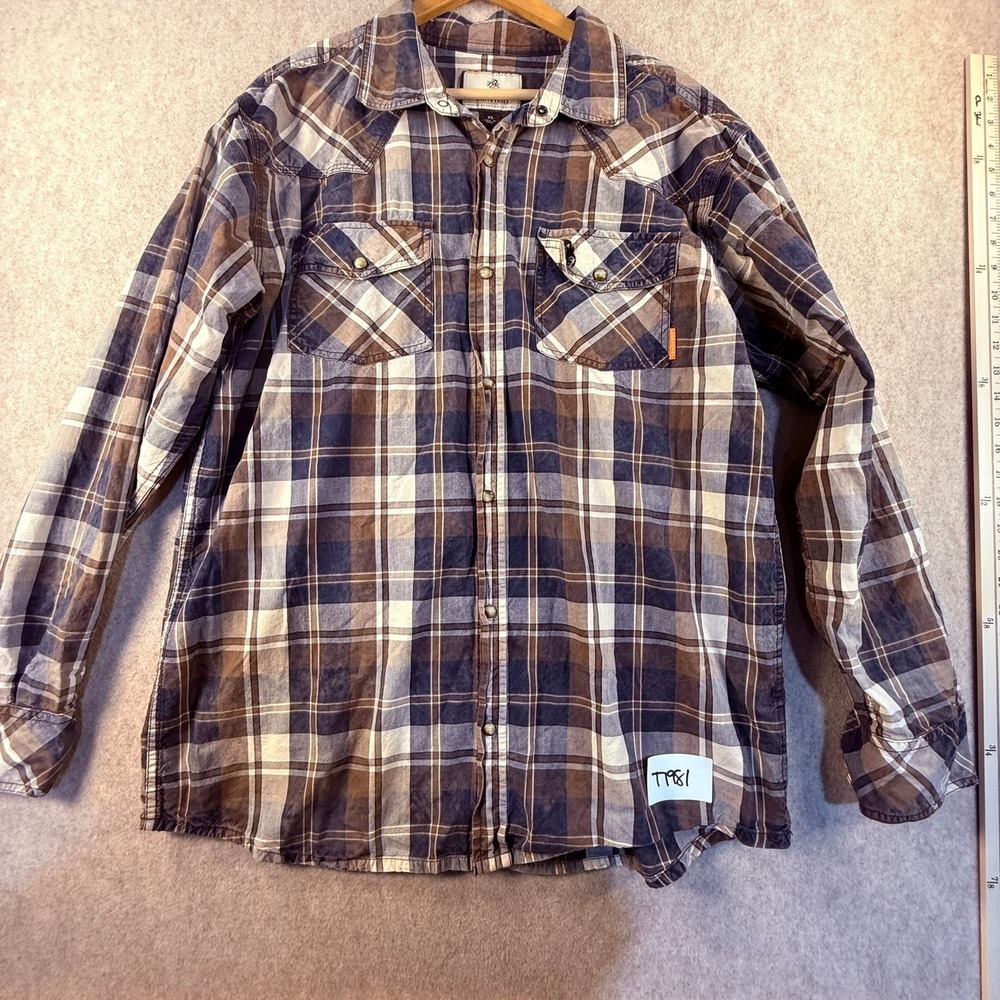Legendary Whitetails Mens XL Blue Brown Plaid Pearl Snap Western Flannel Shirt